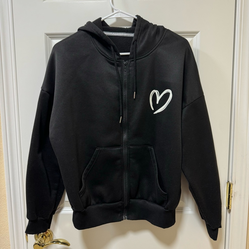 Plus Heart Zip Up Thermal Lined Drawing Hoodie For Women